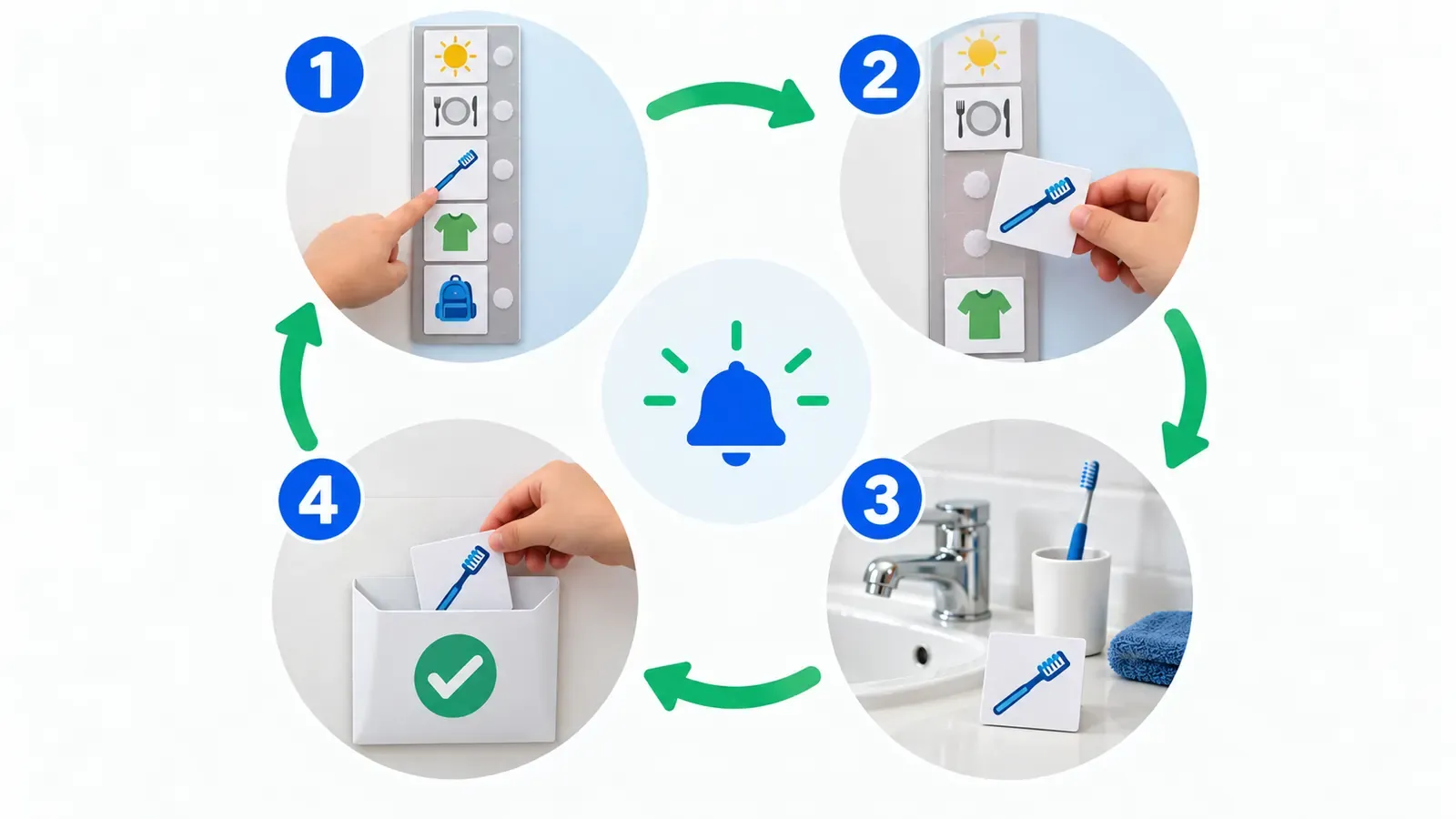 The daily visual schedule loop: check the schedule, take the next card, do the activity, put the card in the All done pocket