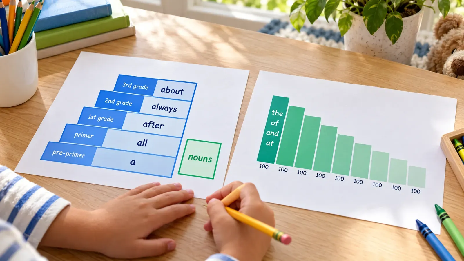 Dolch is five grade-based levels of 40 to 52 words plus 95 nouns; Fry is 1,000 words ranked by frequency in groups of 100