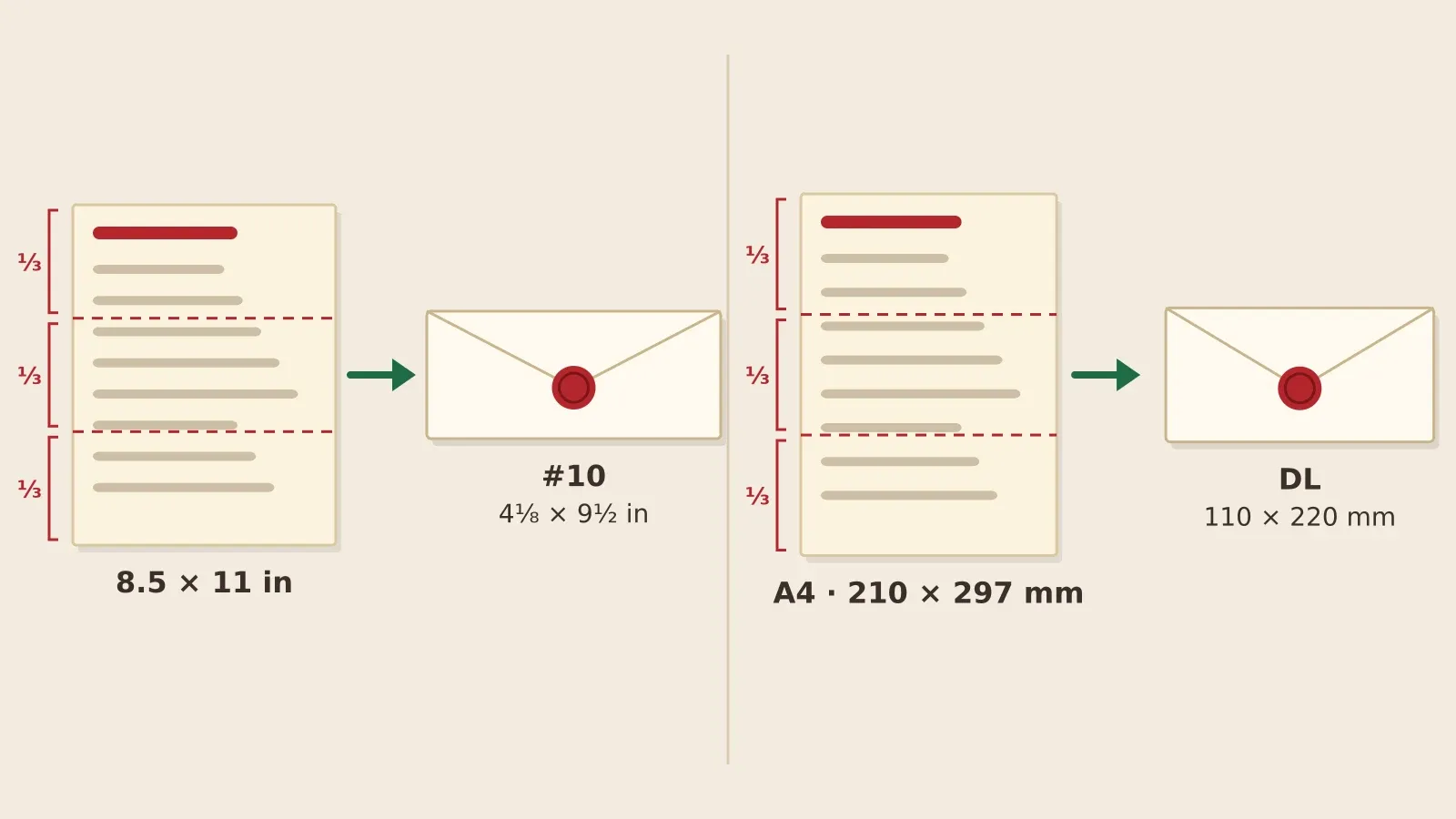 A US Letter page folded in thirds fits a #10 envelope; an A4 page folded in thirds fits a DL envelope