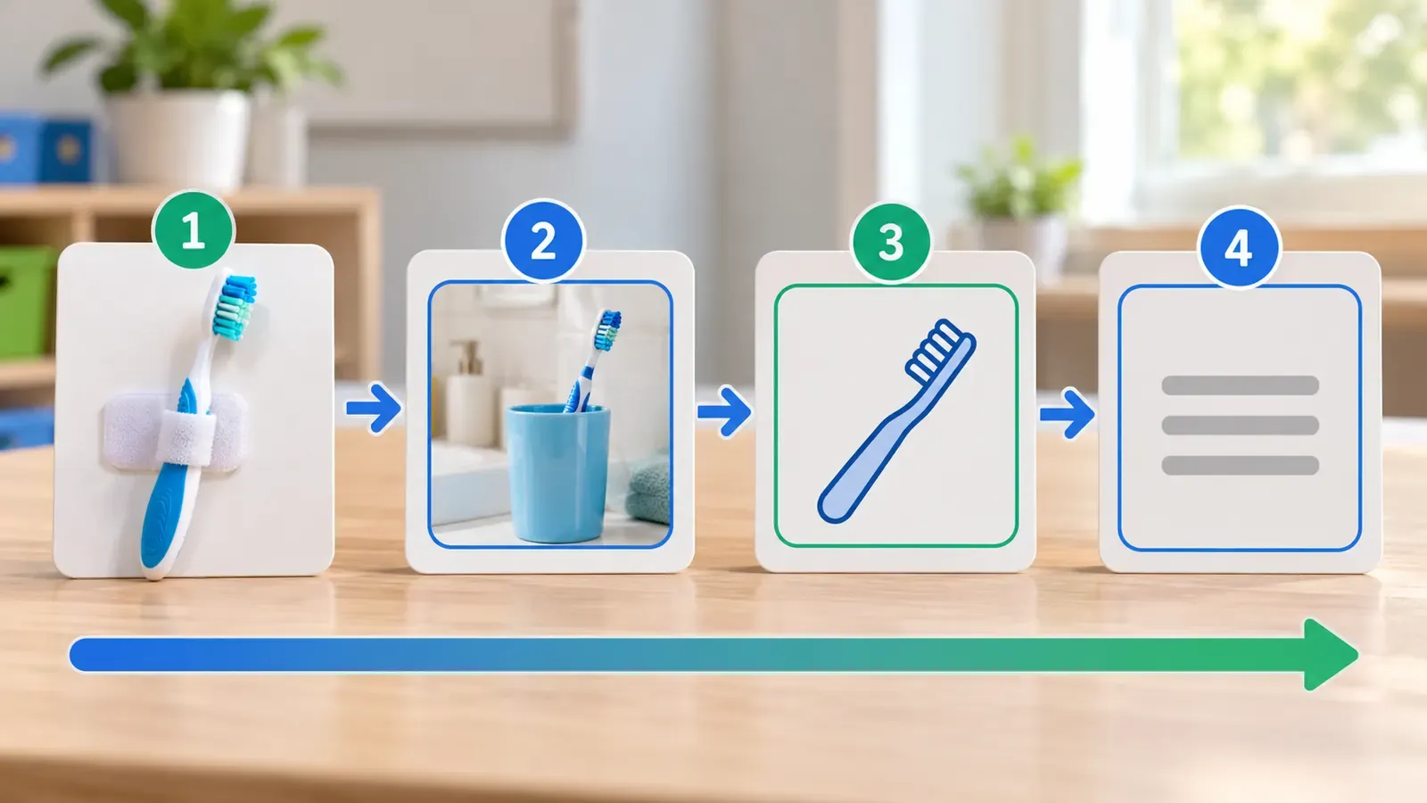 Four levels of a visual schedule for the same step: a real toothbrush, a photo, a picture symbol, then a written word