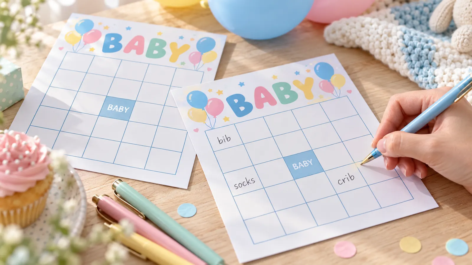 Blank baby shower bingo cards with a guest writing gift ideas in the squares with a pen
