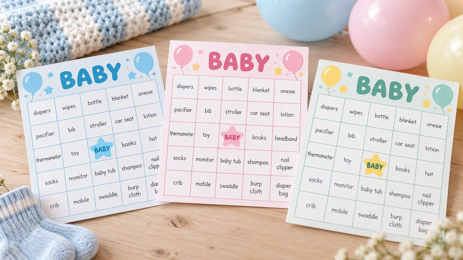 Three baby shower bingo cards in blue, pink and neutral designs on a pastel party table