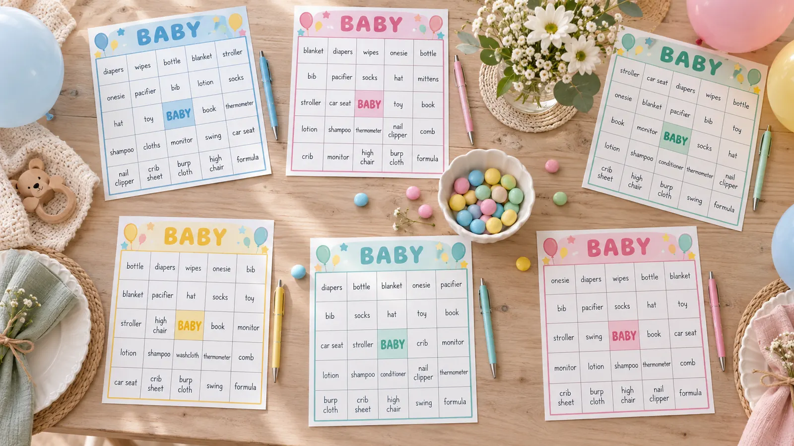Baby shower bingo cards, each with a different gift layout, laid out at guest place settings