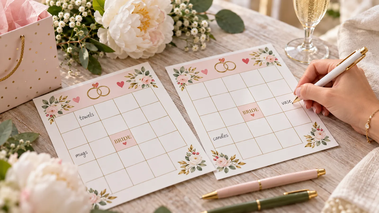 Blank bridal shower bingo cards with a guest writing gift ideas in the squares with a pen