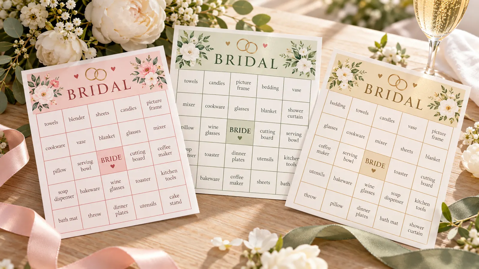 Three bridal shower bingo cards in blush, sage and gold designs on a bridal party table