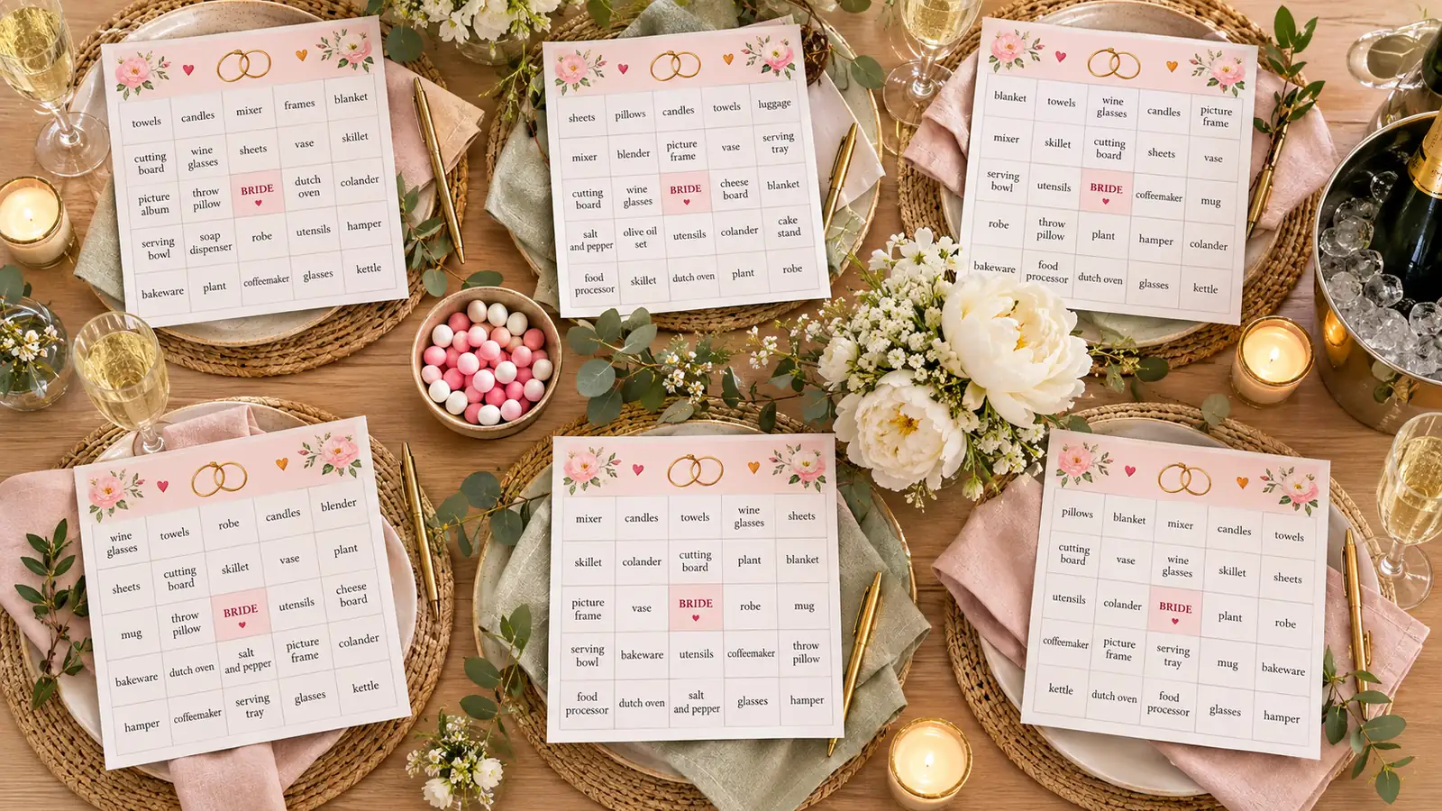 Bridal shower bingo cards, each with a different gift layout, laid out at guest place settings