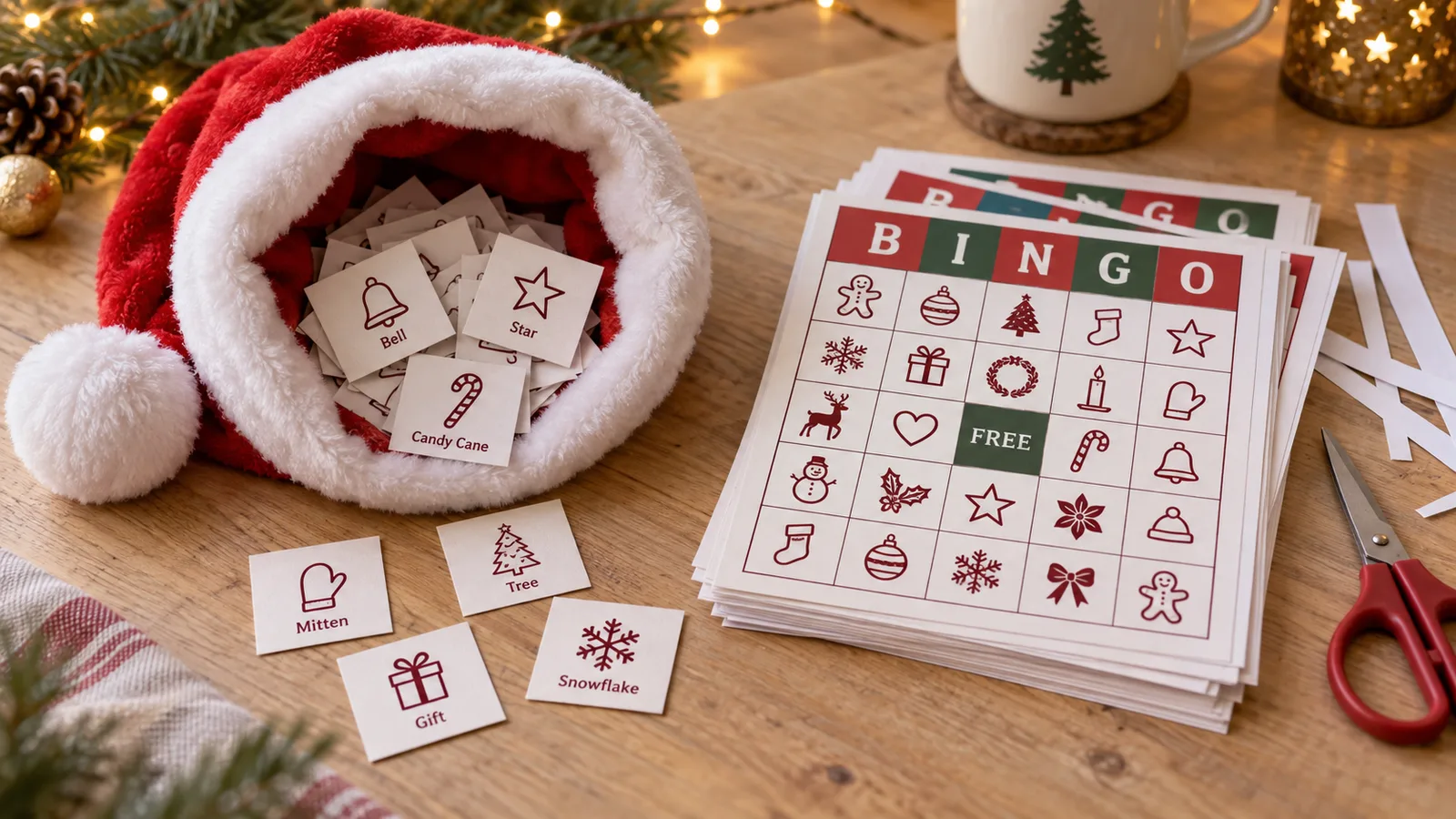 Cut-out Christmas bingo calling cards in a Santa hat next to a stack of printed Christmas bingo cards