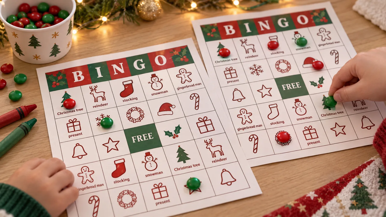 Christmas bingo cards with pictures of trees, reindeer and presents being played by children with candy markers