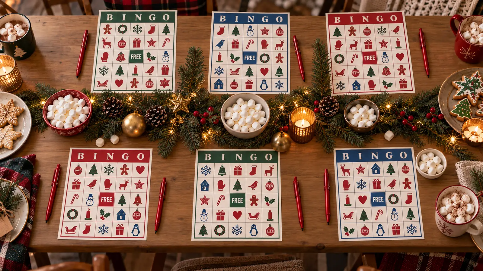 Many different Christmas bingo cards spread on a long party table for a large group