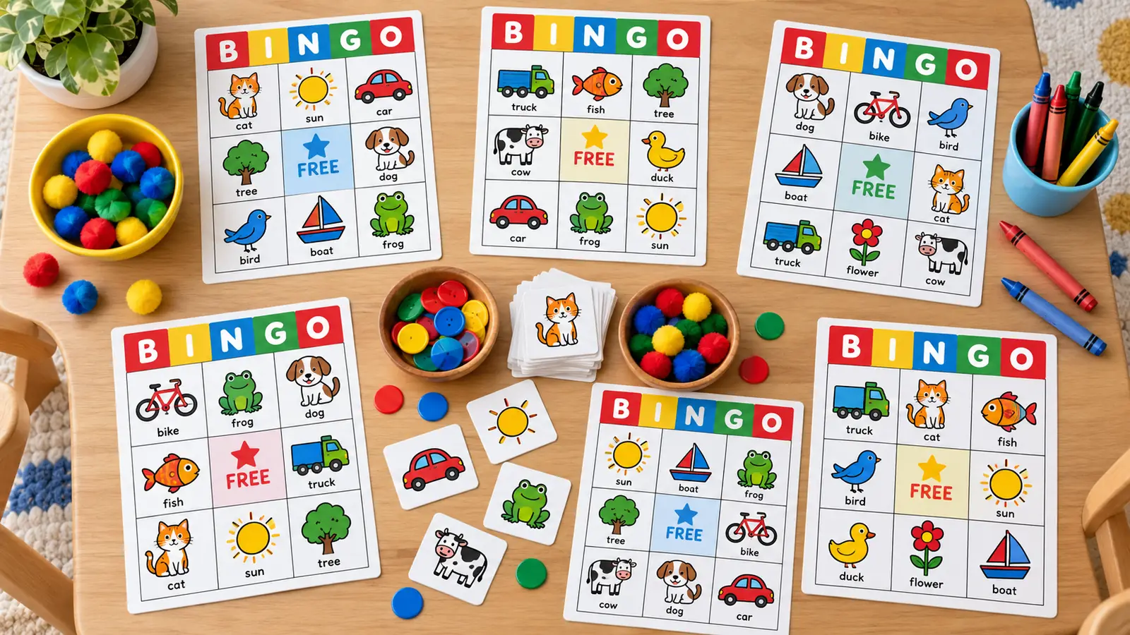 Picture bingo for kids in a classroom: a different printed card for every child and a bowl of counters