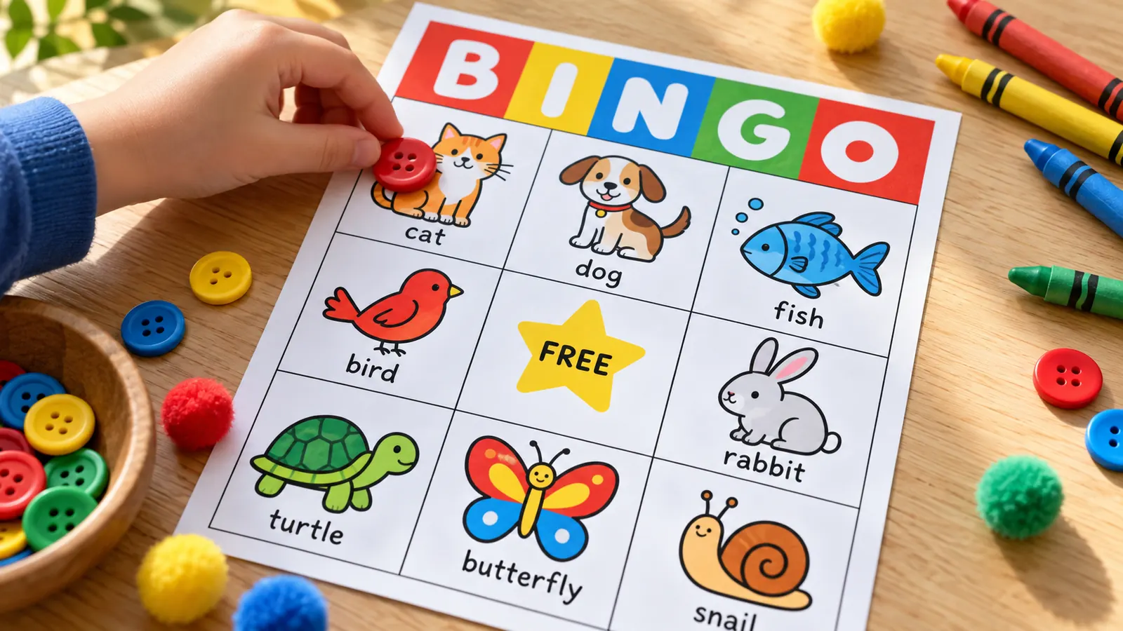 Picture bingo for kids with animal pictures and their names in a 3×3 grid, played with colorful counters