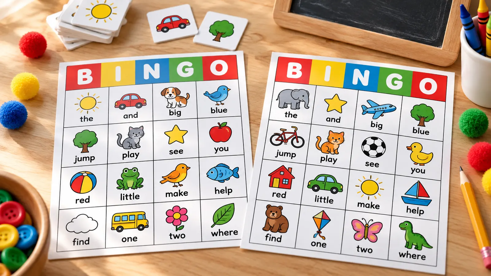 Picture bingo for kids switched to sight words, with 4×4 cards and cut-out calling cards on a desk