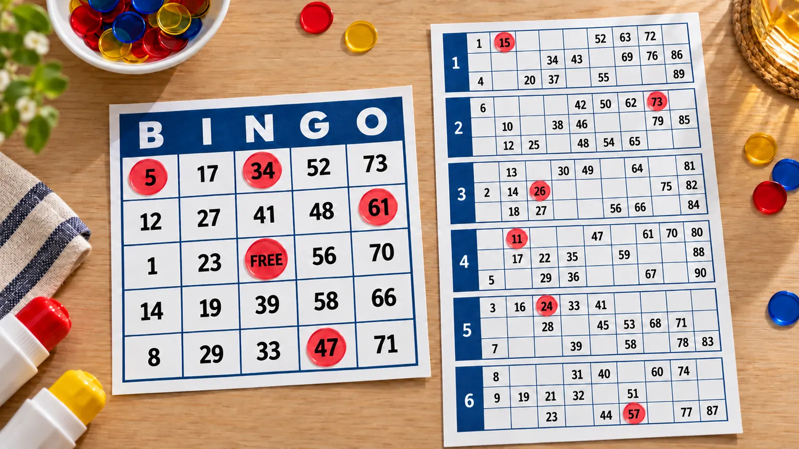 Printable bingo cards 1-75 with B-I-N-G-O columns next to a 90-ball bingo ticket strip on a table