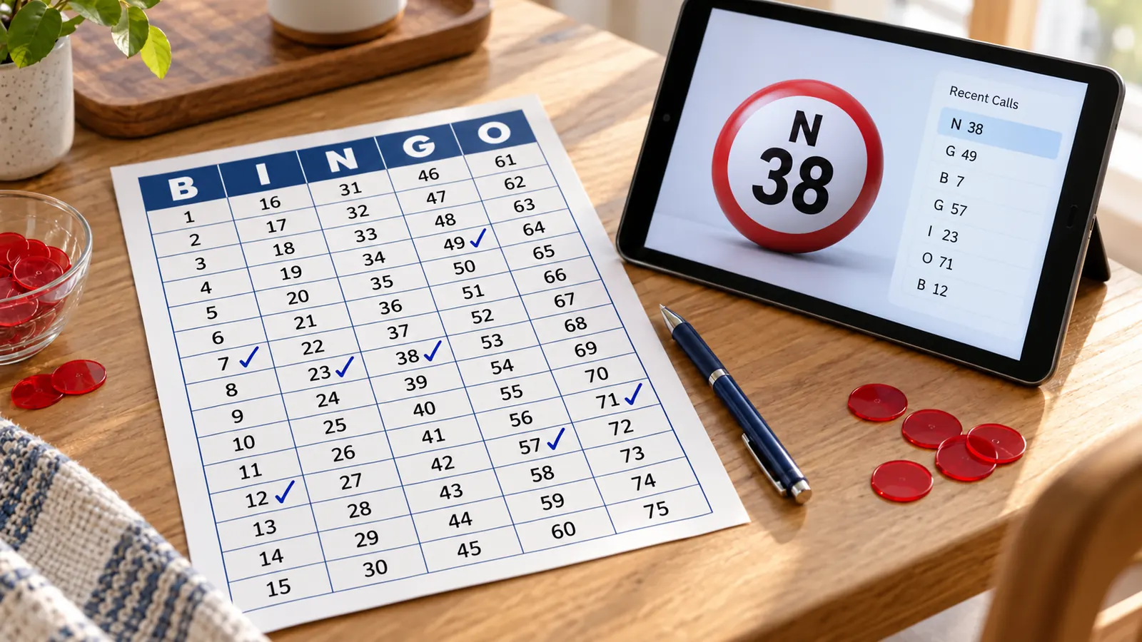 Caller sheet for printable bingo cards 1-75 with ticked numbers and a tablet showing the next number