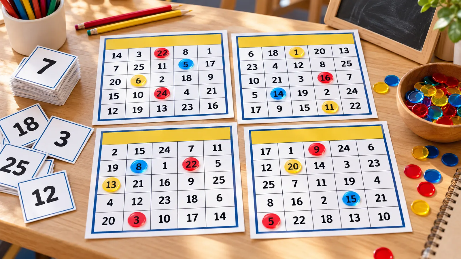 Printable bingo cards 1-75 style 1–25 classroom number bingo cards with counters and cut-out calling cards