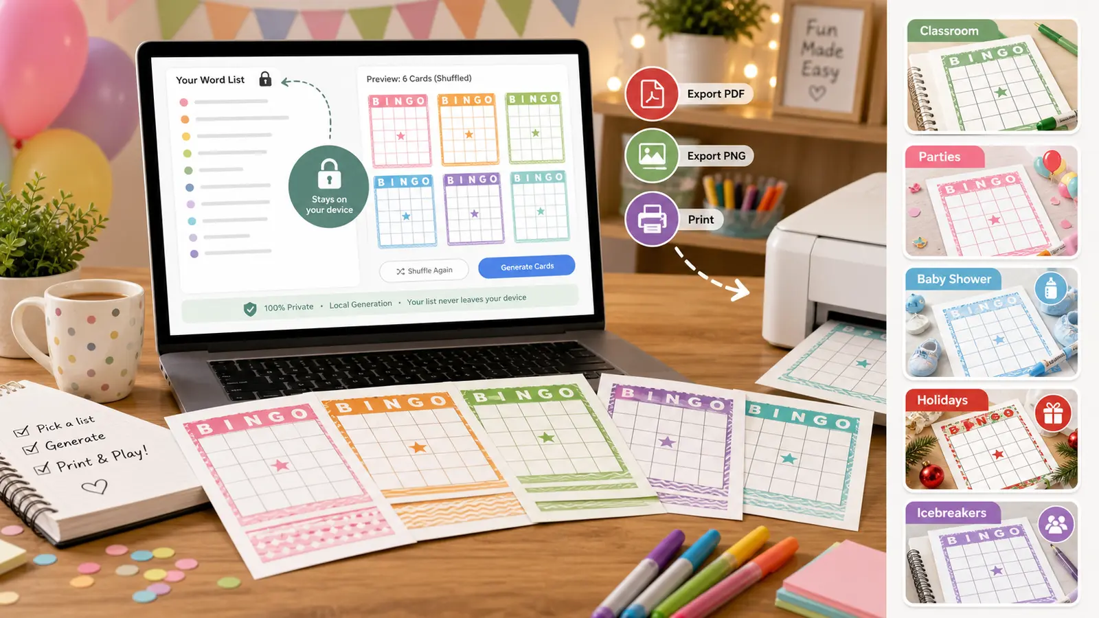 Bingo Card Generator privacy-focused browser export with PDF PNG and print options