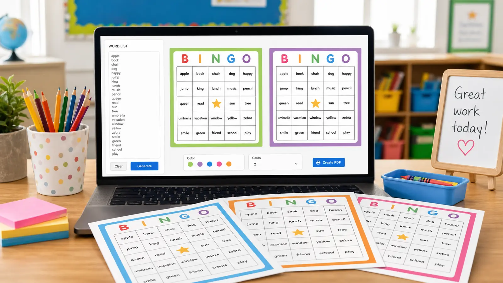 Bingo Card Generator showing a custom word list and printable classroom bingo cards