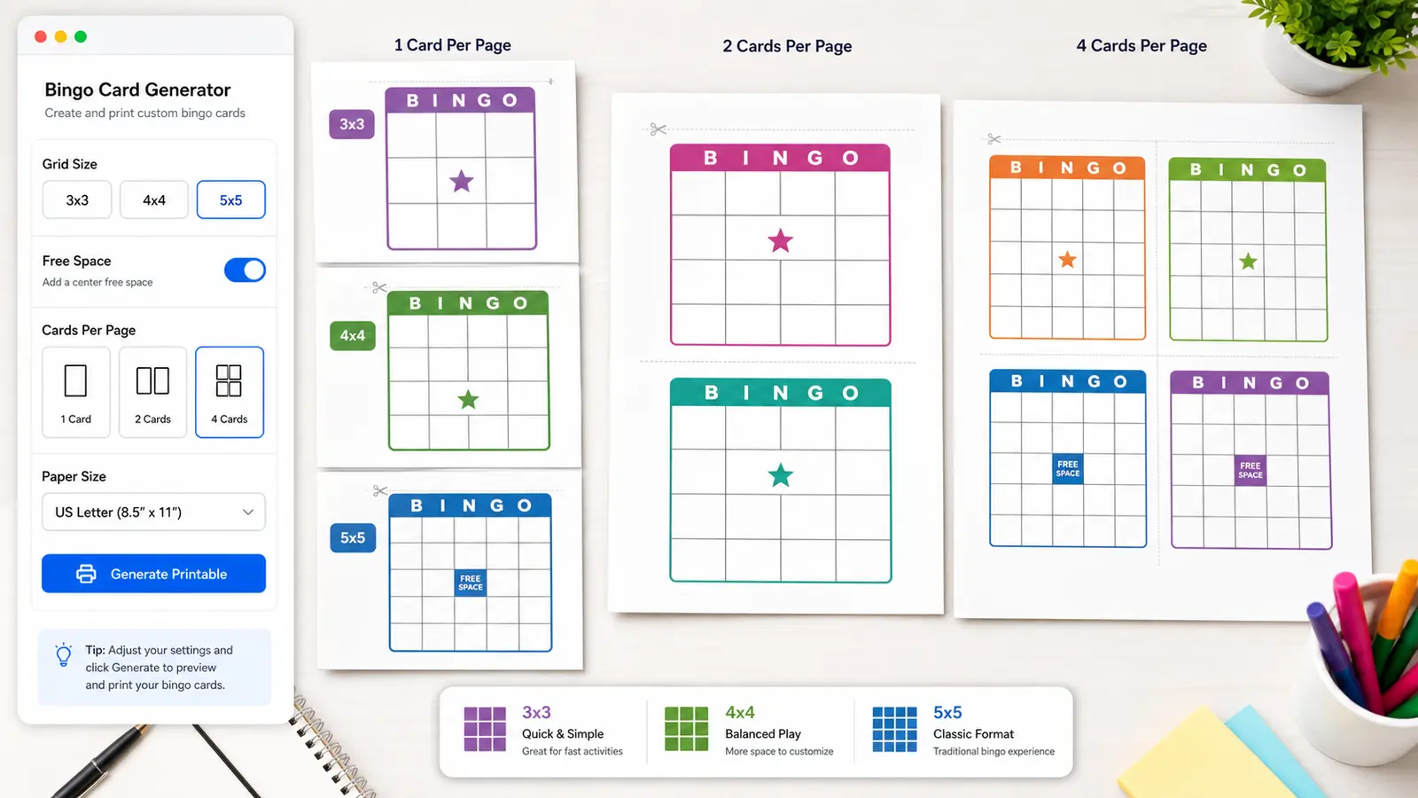 Bingo Card Generator printable layouts with 3x3 4x4 and 5x5 bingo cards