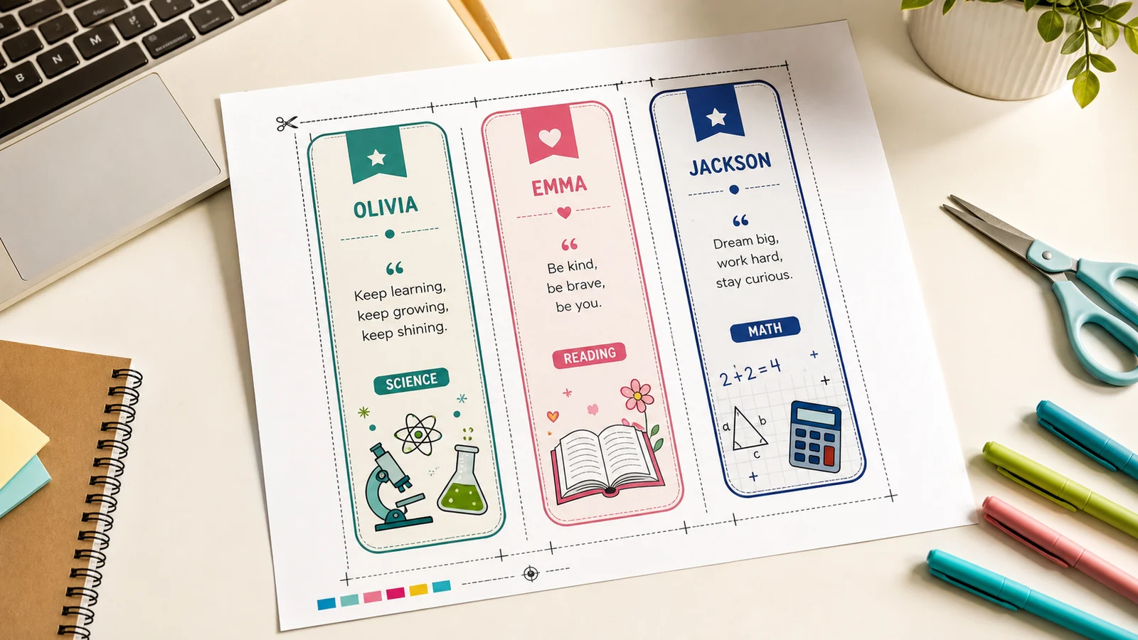 Bookmark Maker preview showing custom printable bookmark layouts with crop lines