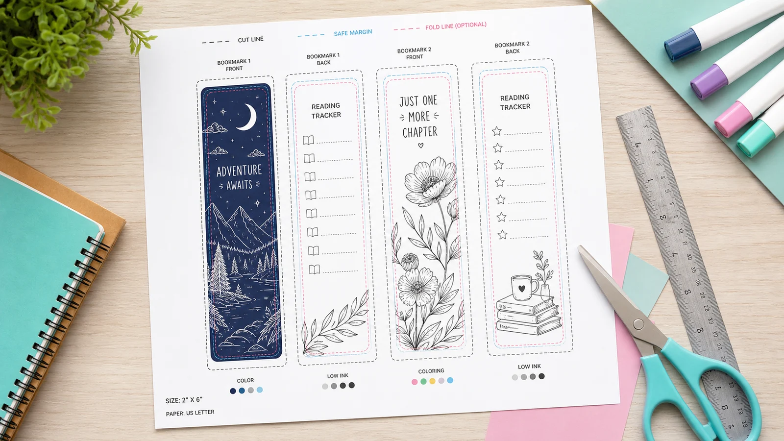 Bookmark Maker print sheet with crop lines, ruler, scissors, PDF and PNG export idea