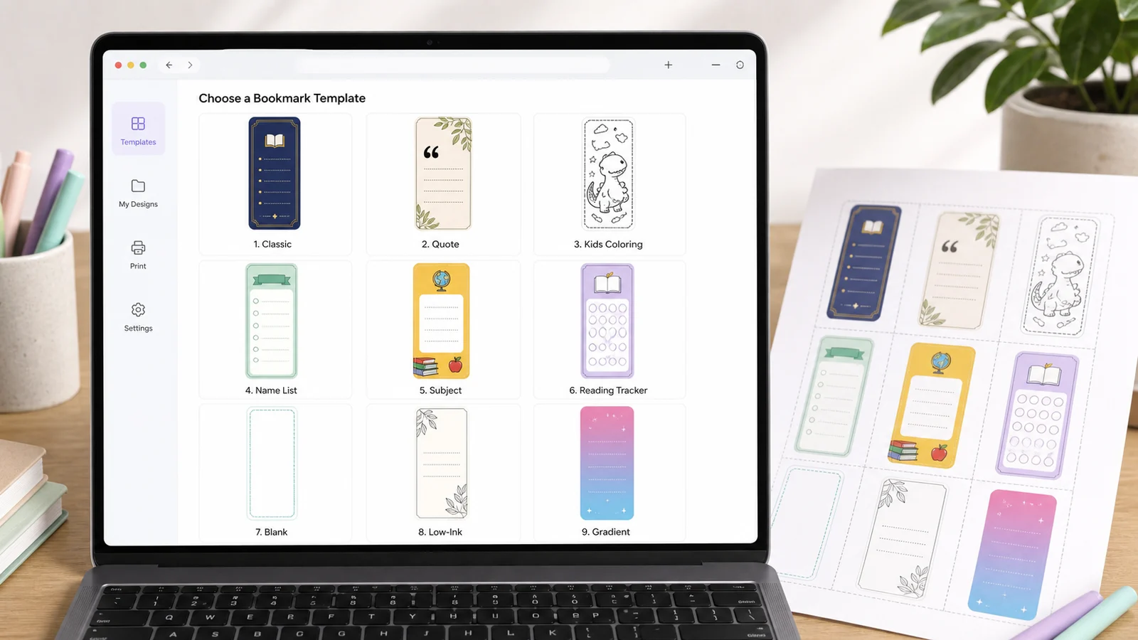 Bookmark Maker template library with three-column custom bookmark templates