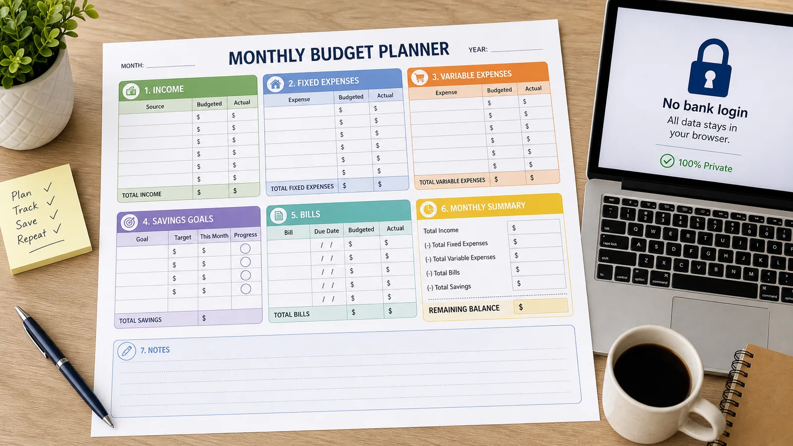 Budget Planner Generator printable sheet beside a browser privacy lock