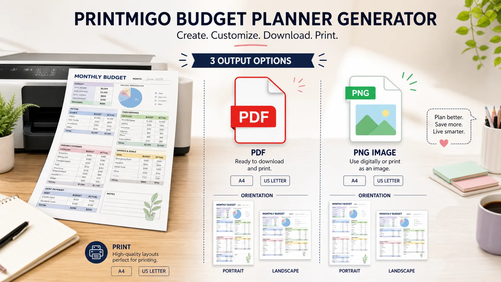 Budget Planner Generator output options for print, PDF, and PNG