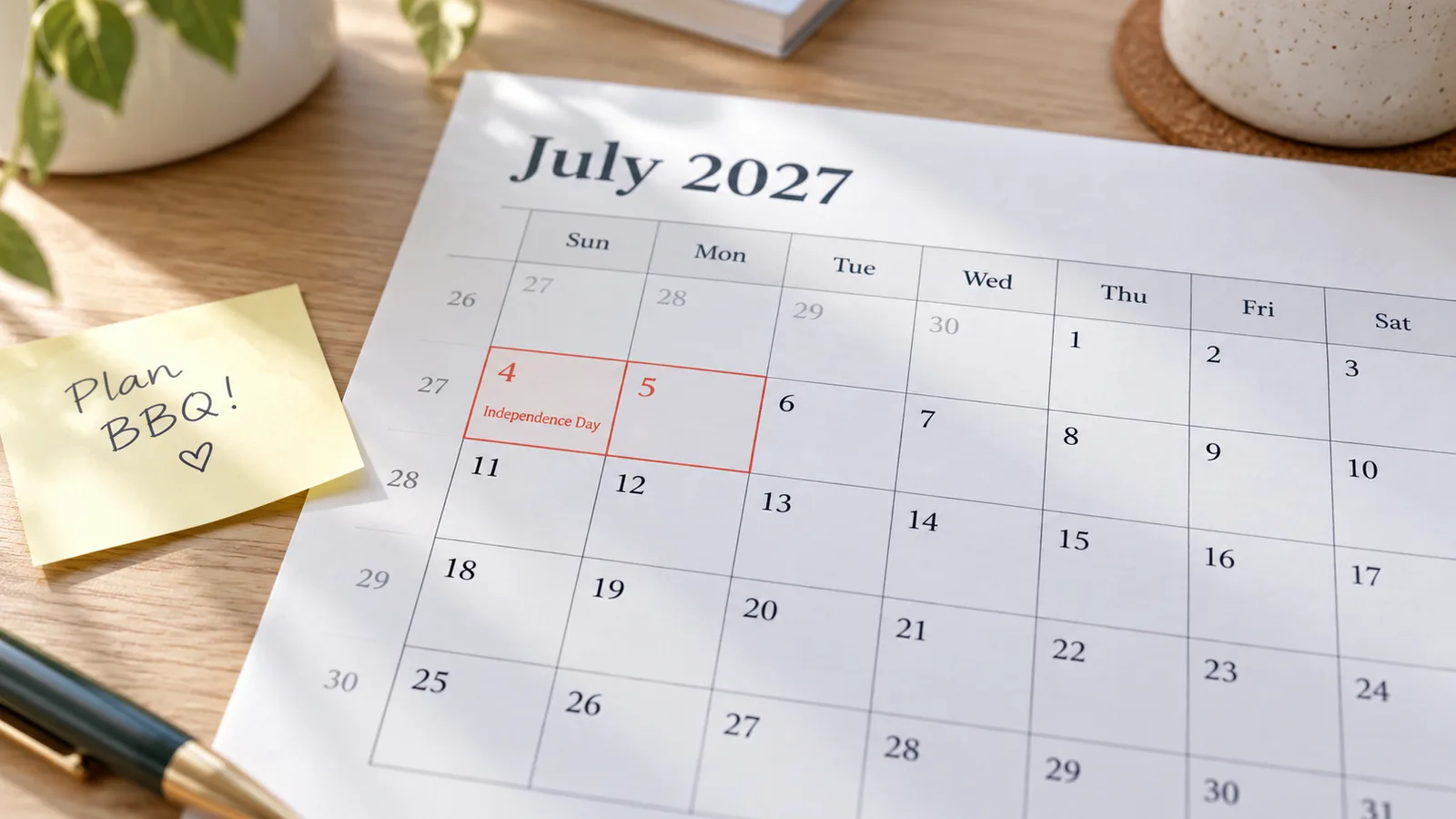 Close-up of a 2027 calendar printable month with holiday names and week numbers in the left column