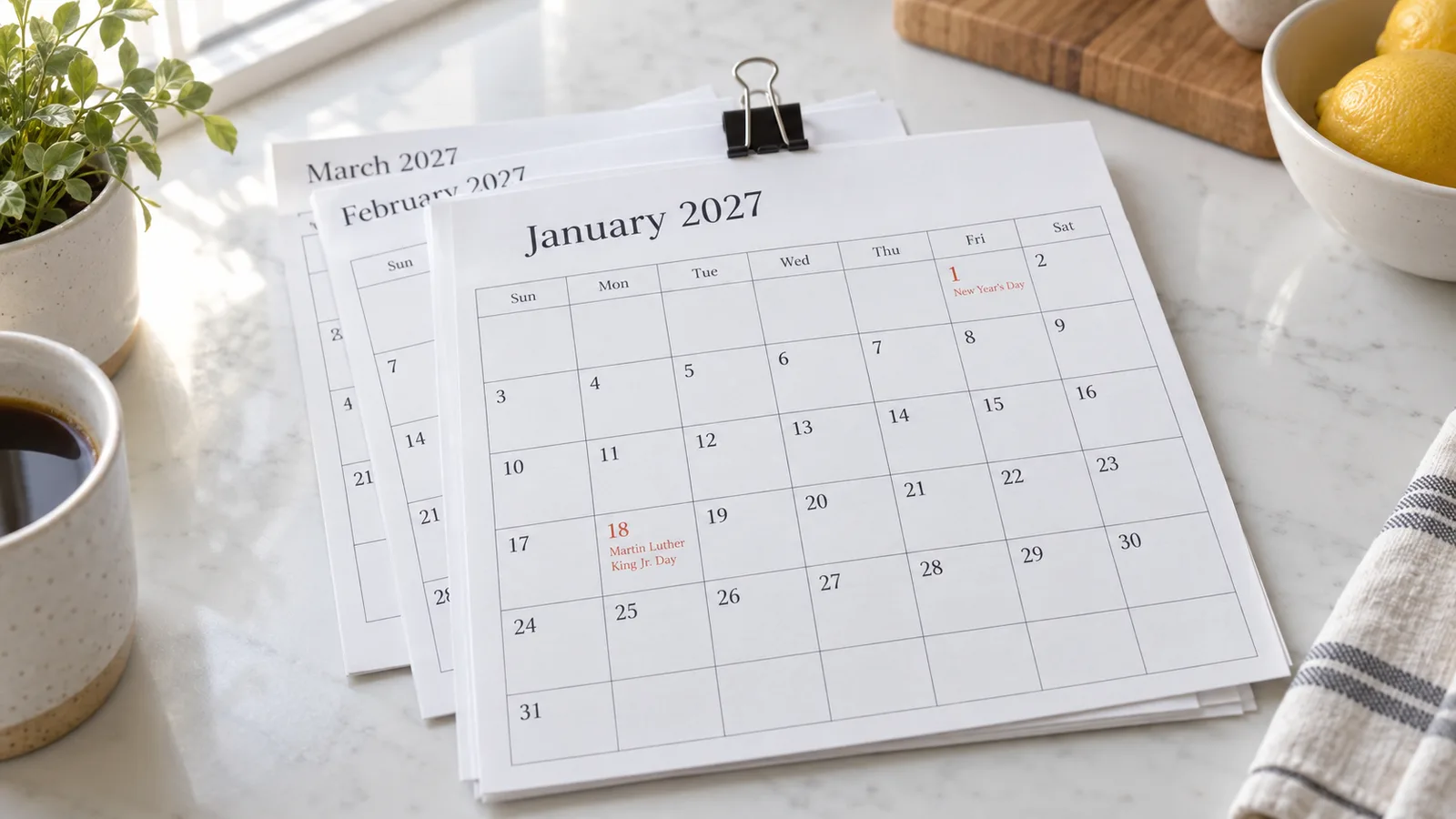 Stack of 2027 calendar printable monthly pages from January to December with large date boxes