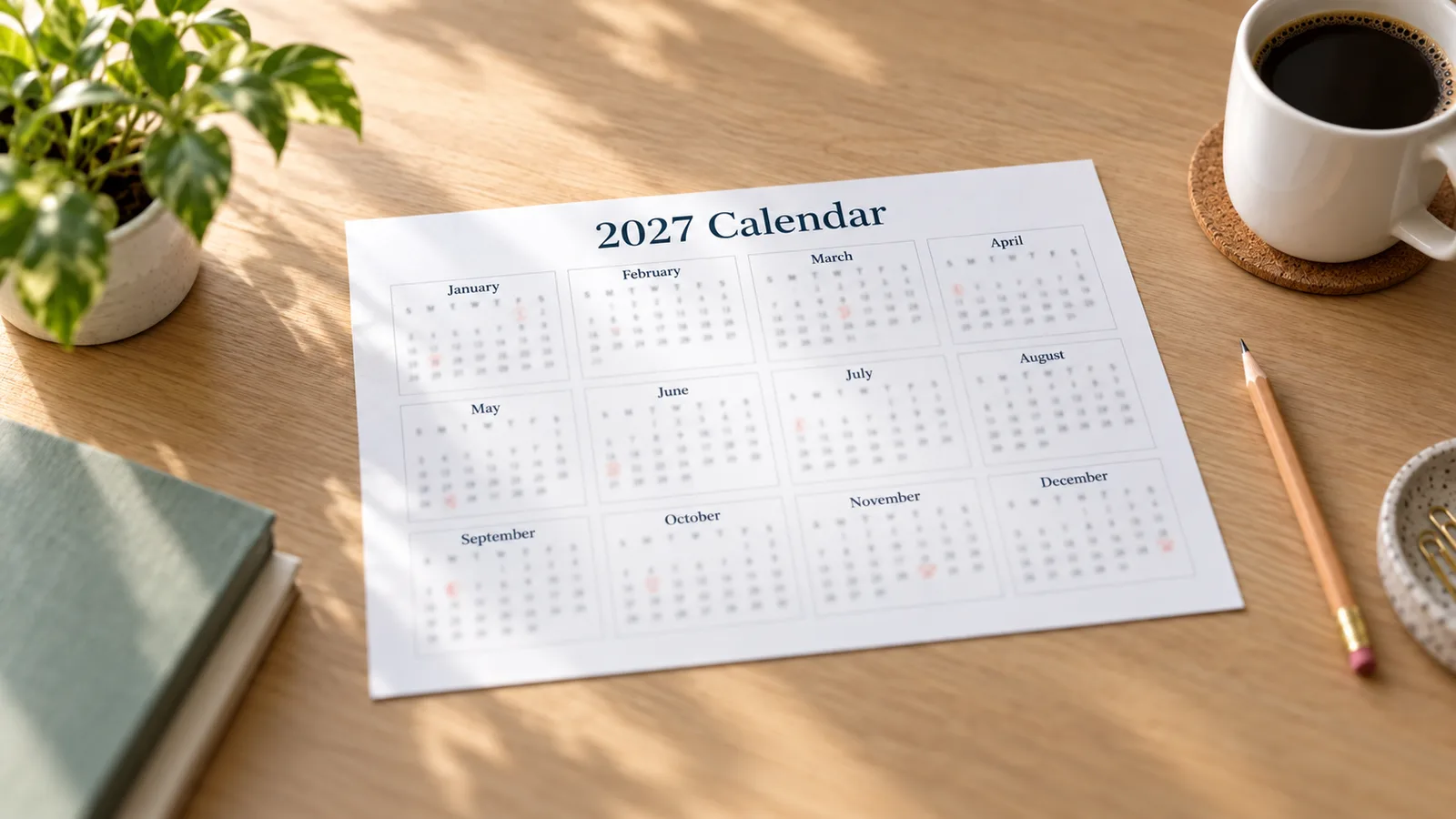 2027 calendar printable on one landscape page with US holidays highlighted, lying on a desk