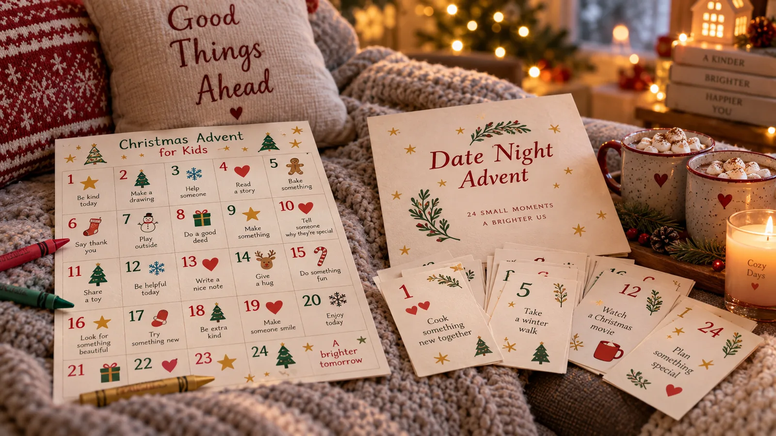 Kids and couples advent calendar printable versions next to crayons and two mugs of cocoa