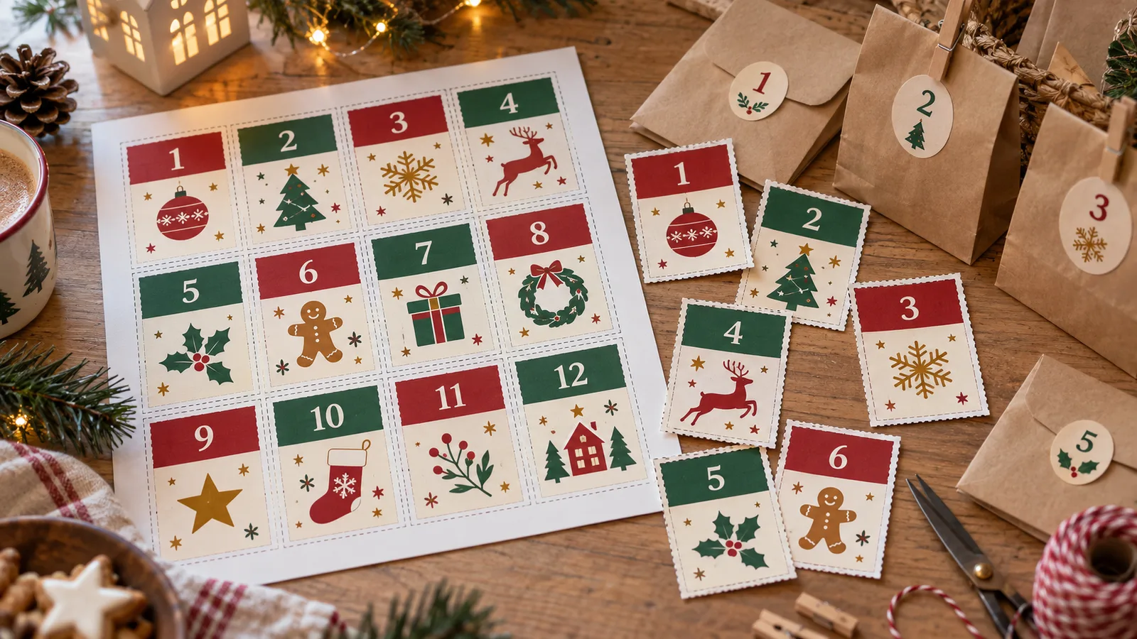 Advent calendar printable activity cards cut out and tucked into numbered kraft envelopes