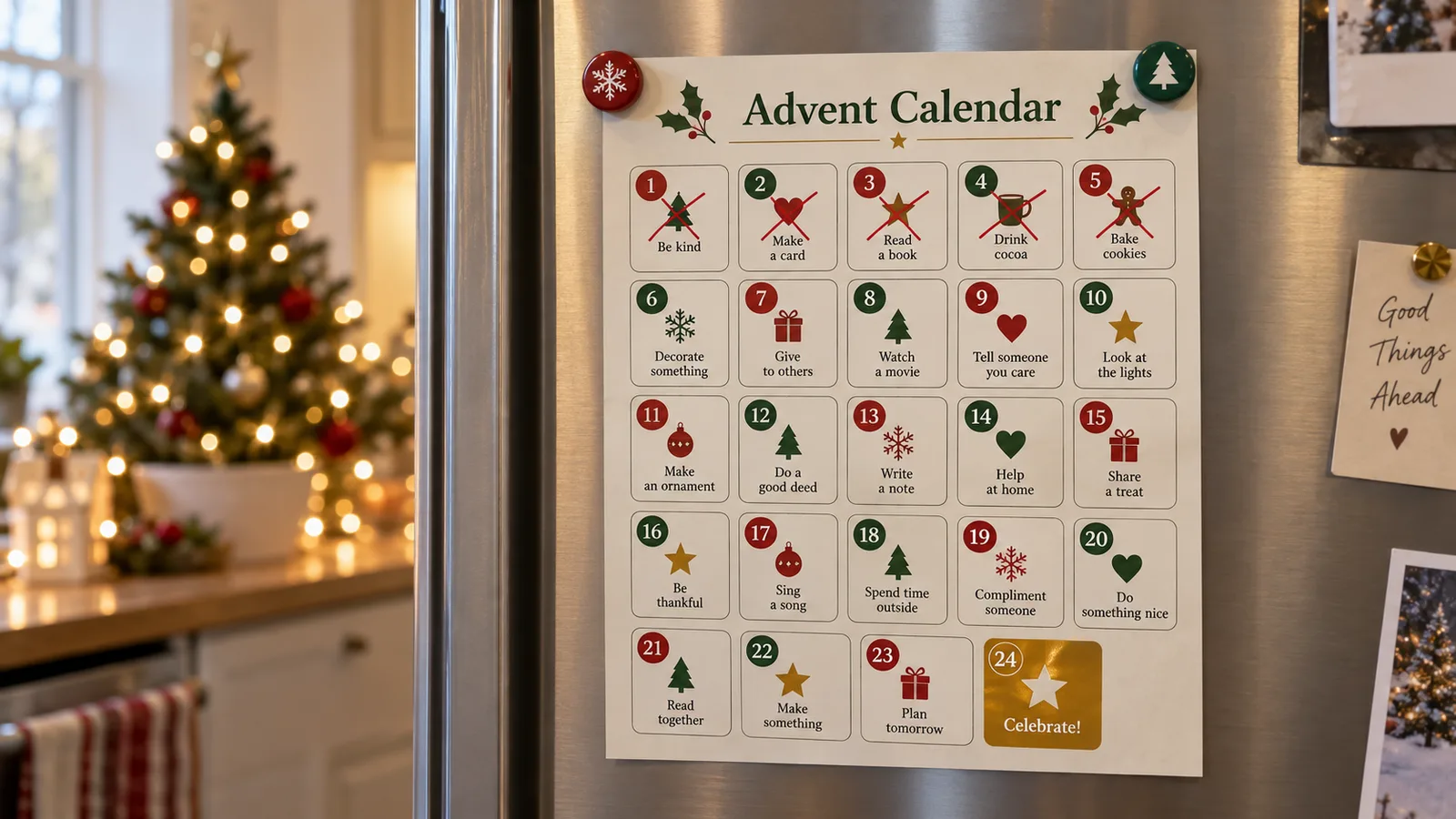 Family advent calendar printable with 24 activity squares on a fridge, first days crossed off