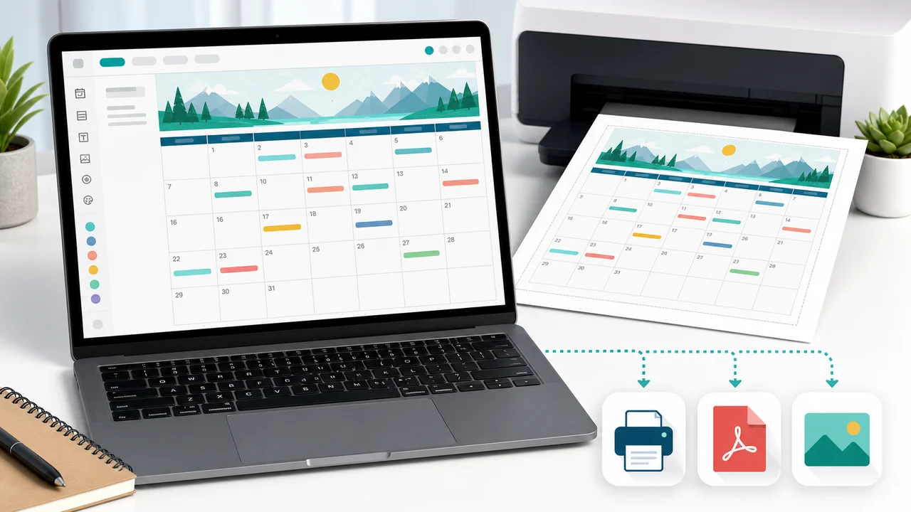 Calendar Maker browser preview beside matching printed calendar and PDF PNG print export icons