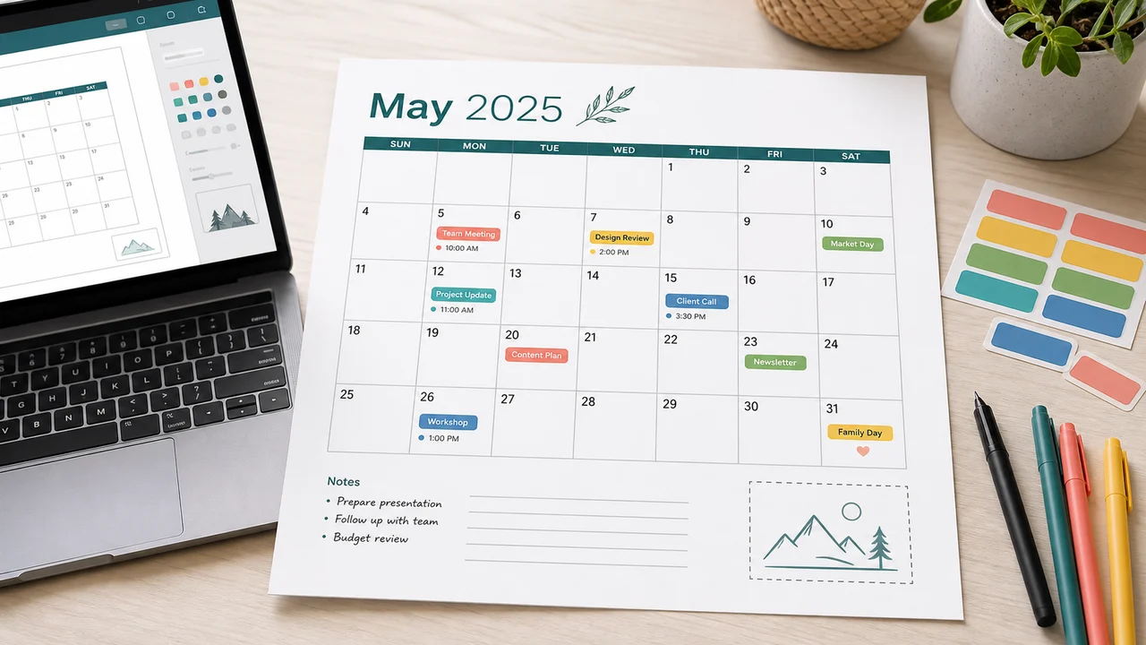 Calendar Maker monthly calendar with colored event tags, notes, and logo area