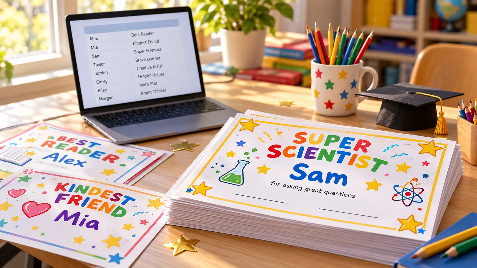 Klassenliste mit Namen und Auszeichnungen auf einem Laptop neben einem Stapel gedruckter Urkunden für Kinder