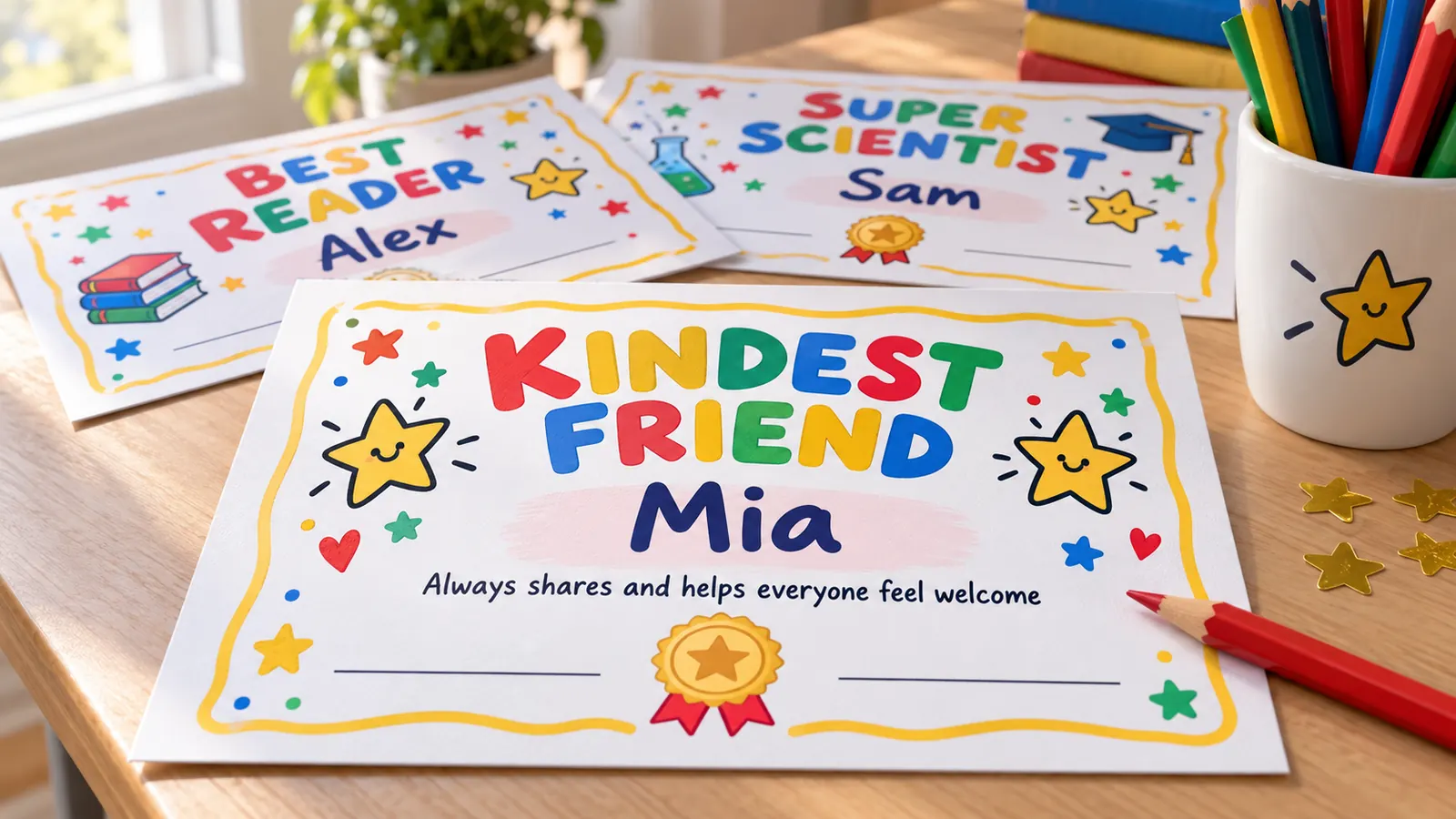 Urkunden für Kinder mit Auszeichnung, Namen des Kindes und einem persönlichen Satz darunter