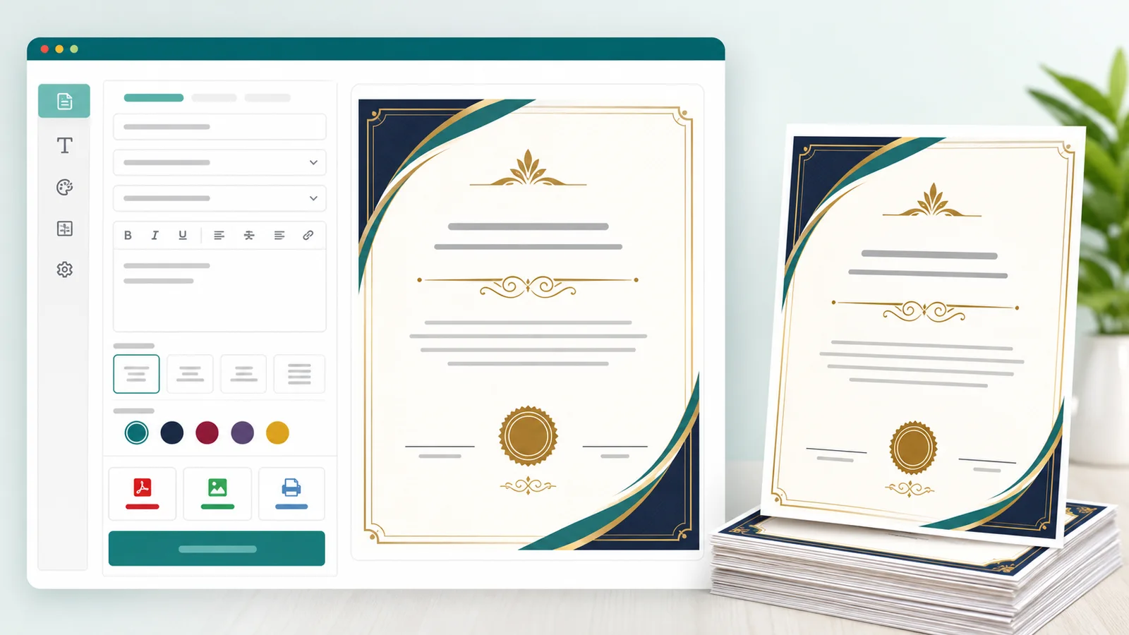 Certificate Generator browser preview with PDF PNG and print output
