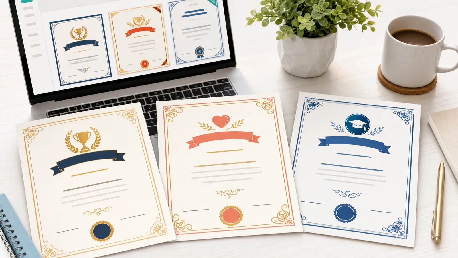 Certificate Generator showing several printable certificate types on a desk