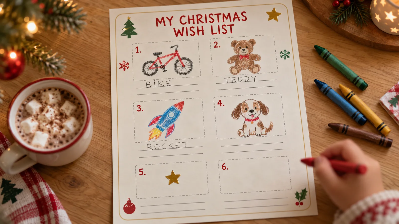 A child's Christmas wish list printable with crayon drawings of a bike and a teddy bear in the drawing boxes