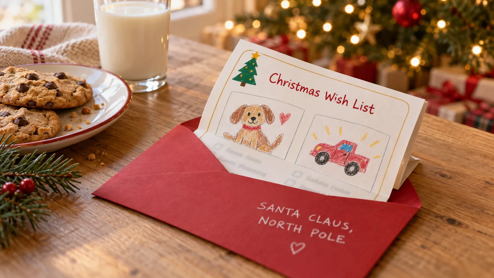 A finished Christmas wish list printable folded next to an envelope addressed to Santa at the North Pole
