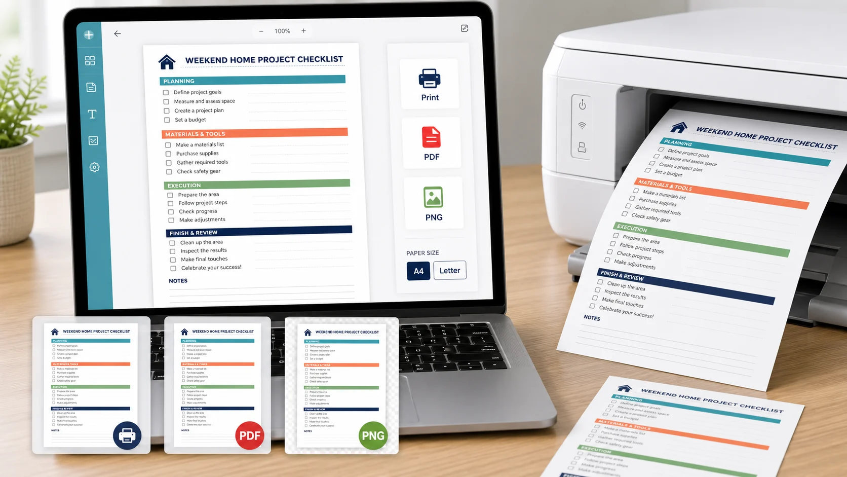 Checklist Maker export buttons for PDF PNG and print