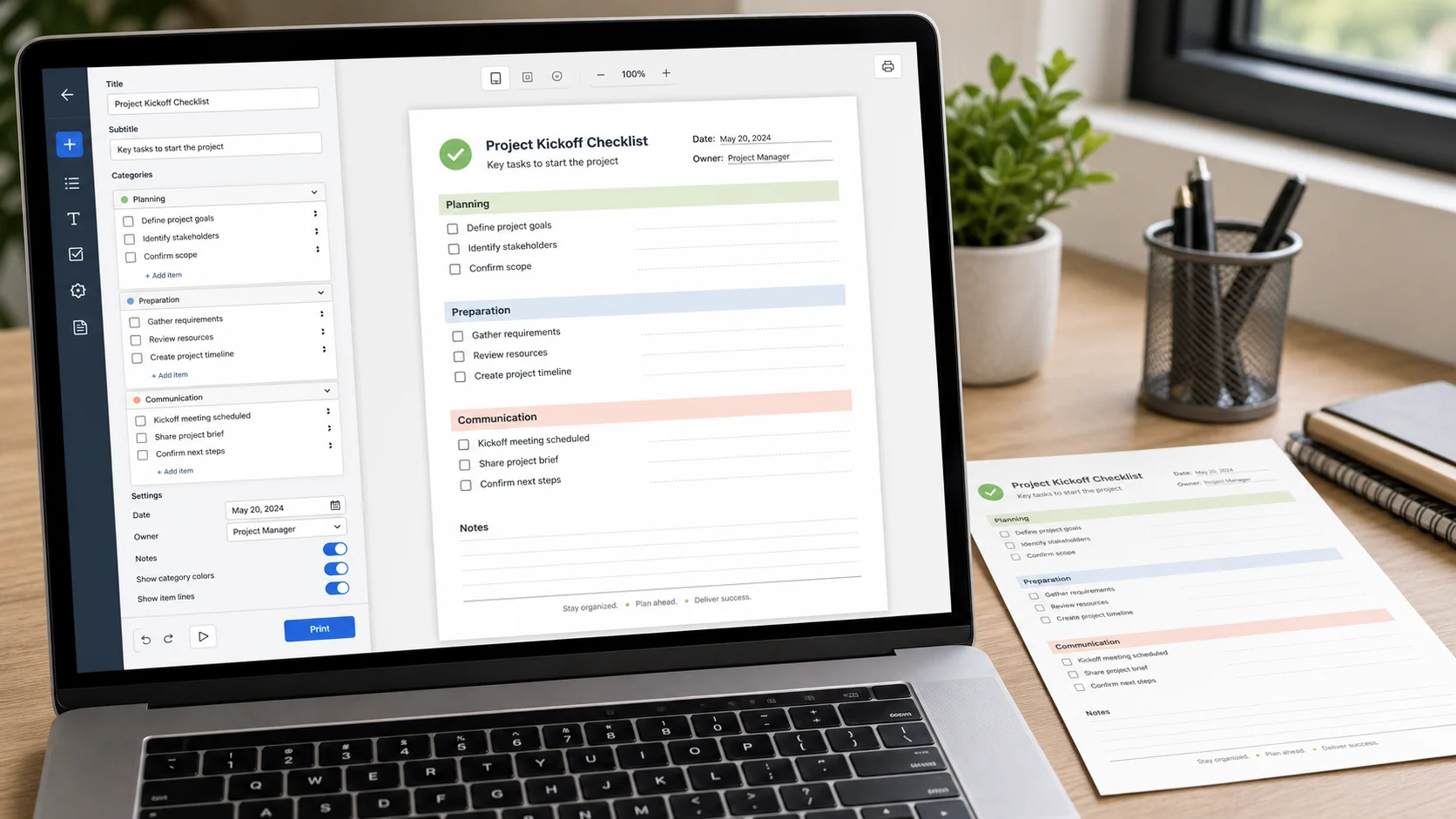 Checklist Maker live preview showing grouped checkbox items