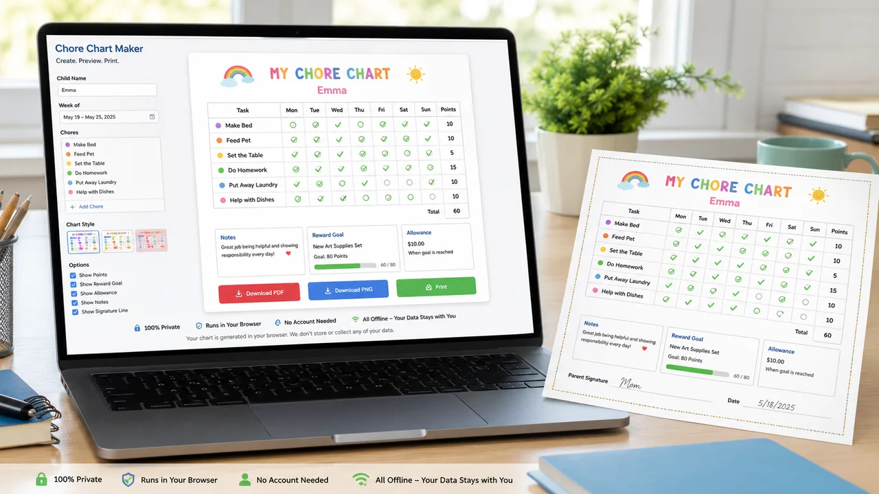 Chore Chart Maker browser preview with Download PDF, Download PNG, and Print controls