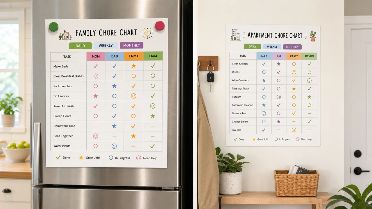 Chore Chart Maker printable charts for family and roommate chores on a wall