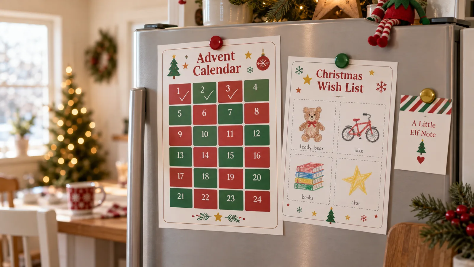 Christmas printables on a fridge: a printable advent calendar, a kids' wish list and an elf note for December