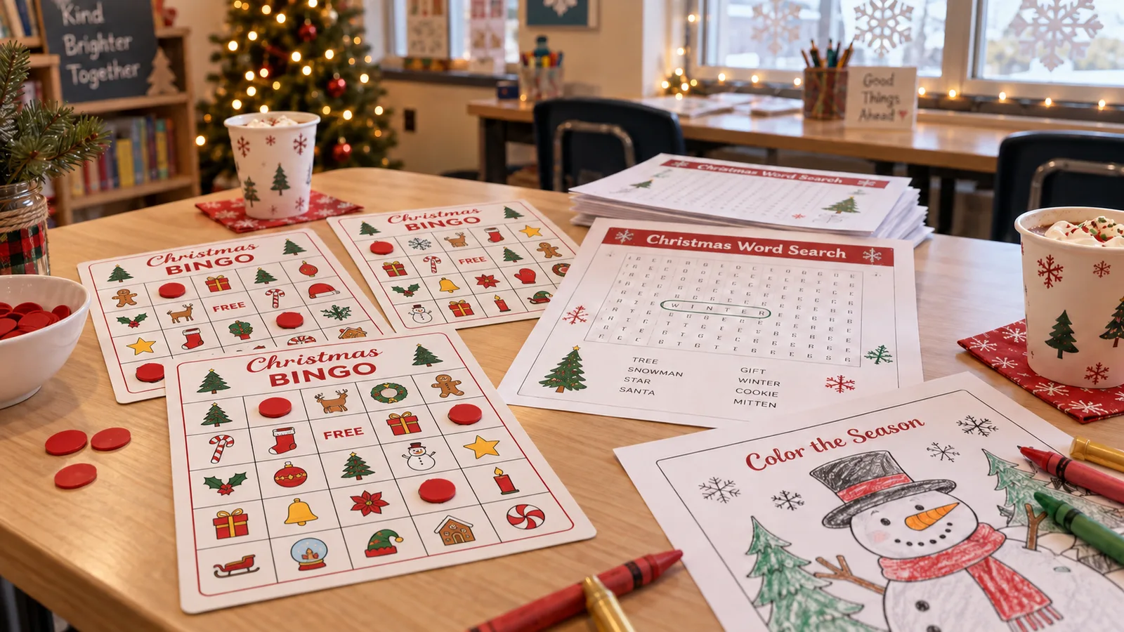Christmas printables for a classroom party: picture bingo cards, word search sheets and coloring pages on a table