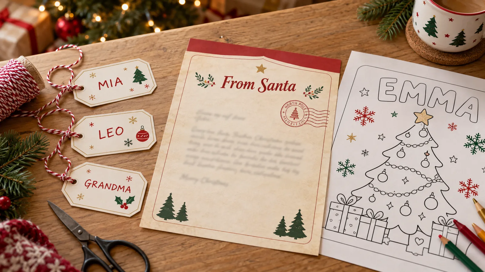 Personalized Christmas printables: gift tags with names, a letter from Santa and a coloring page with a child's name
