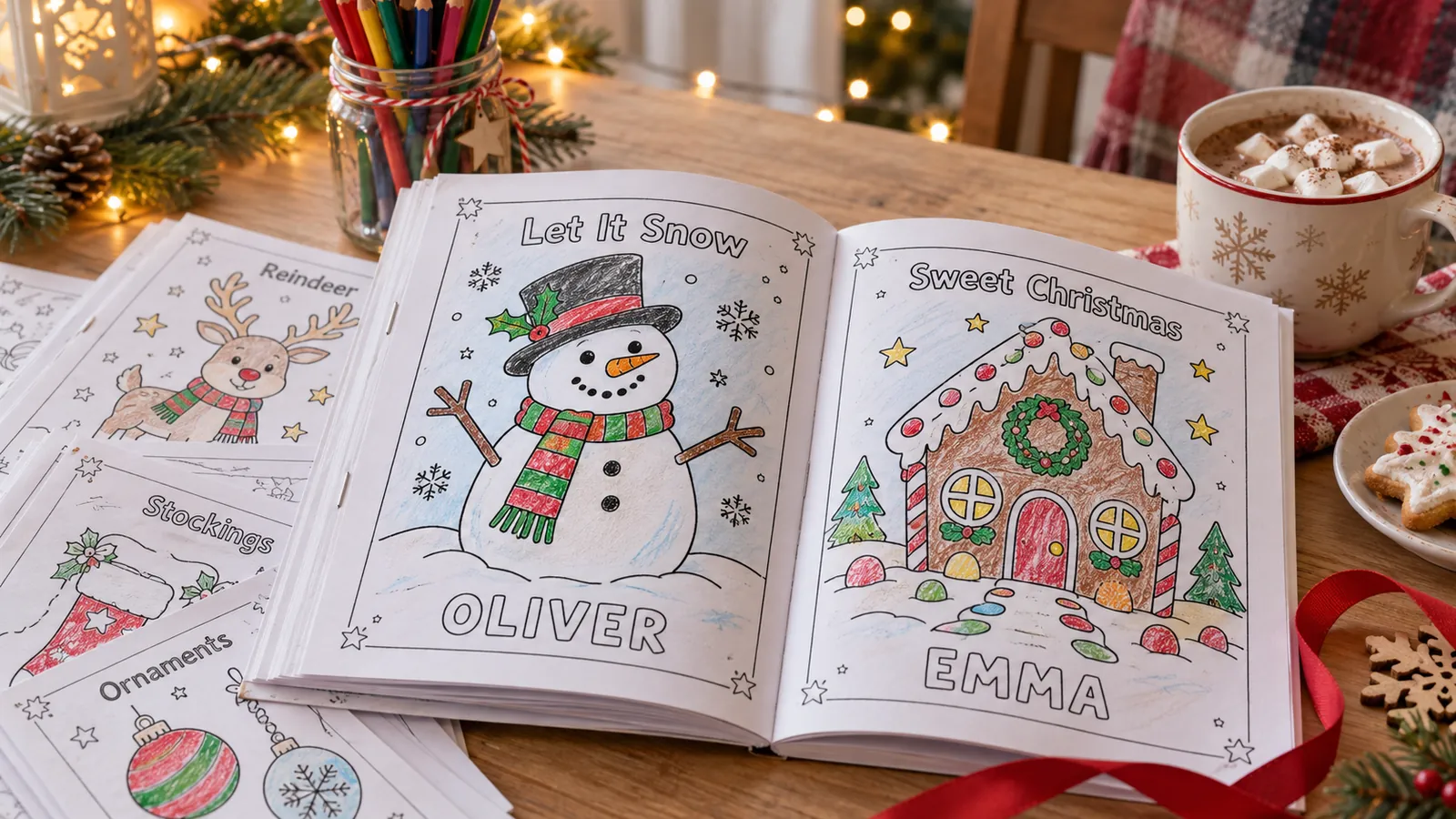A stack of printed Christmas coloring pages stapled into a homemade coloring book next to colored pencils