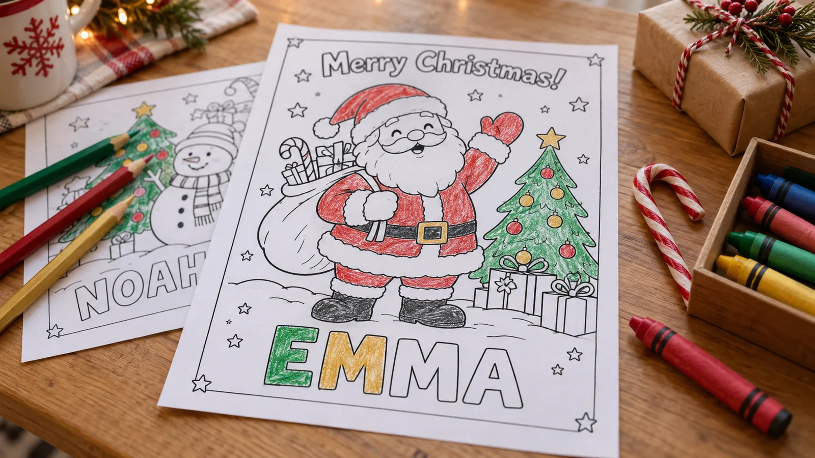 Personalized Christmas coloring pages with Santa and a child's name in large outline letters, half colored with crayons